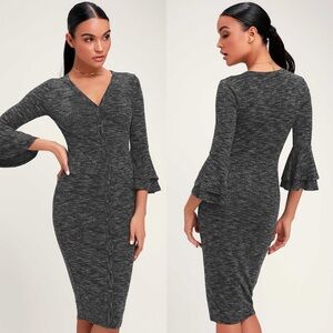 Lulus | Jony Heathered Black Ribbed Button-Up Midi Sweater Dress
